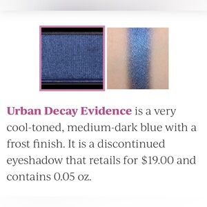 Urban Decay “Evidence” eyeshadow. Discontinued. Tested but otherwise unused.